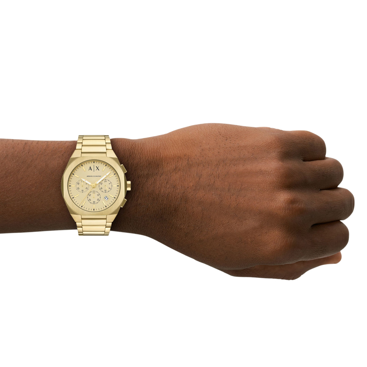 Gold-tone round chronograph watch on wrist, cream dial, metal link bracelet, A|X