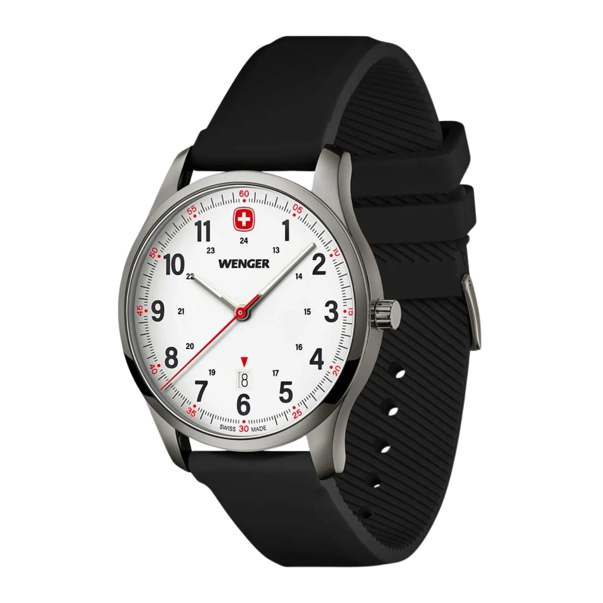 Wenger City Sport 01.1441.132 three-quarter view showing white dial face, crown, and black silicone strap