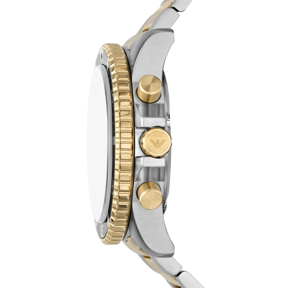 Side profile view of the Emporio Armani World Explorer AR11680 watch detailing the gold-tone coin-edge bezel, crown, and chronograph pushers