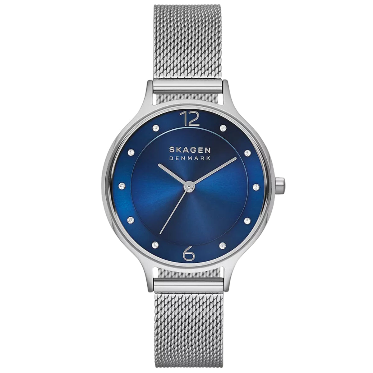 Front view of the Skagen Anita Lille SKW2307 ladies watch featuring a deep ocean dial, silver stainless steel case, and mesh bracelet