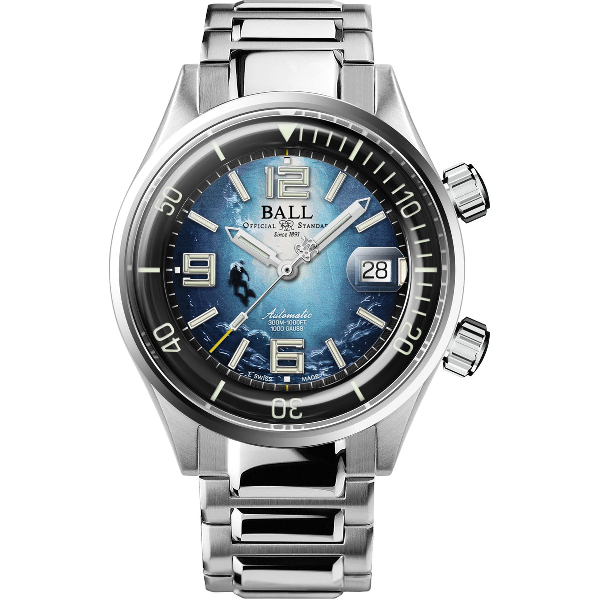 BALL Engineer Master II Diver DM2280A-S8-BE 42mm blue ocean dial mens automatic watch with stainless steel bracelet front view