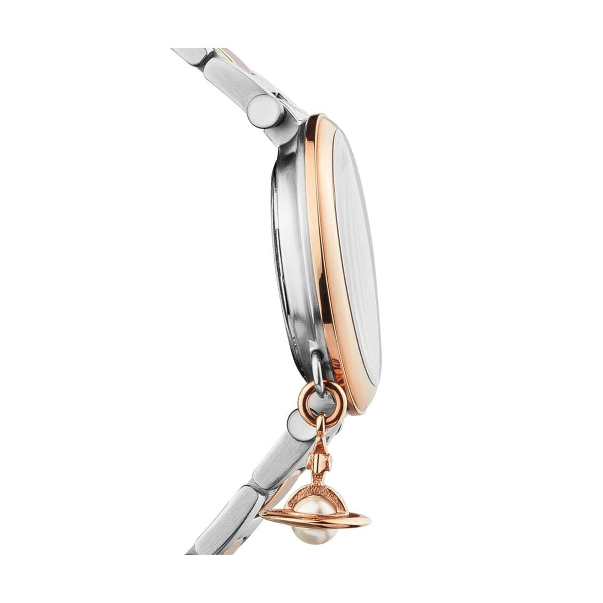 Side angle of Vivienne Westwood Mother Orb VV006PRSSL ladies wrist watch showing slim case and hanging orb motif