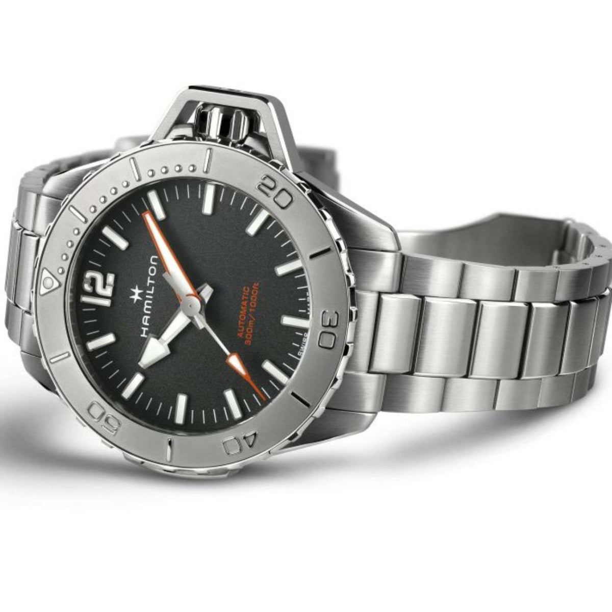 Men’s Hamilton automatic watch with black dial, steel case, and bracelet with clasp visible