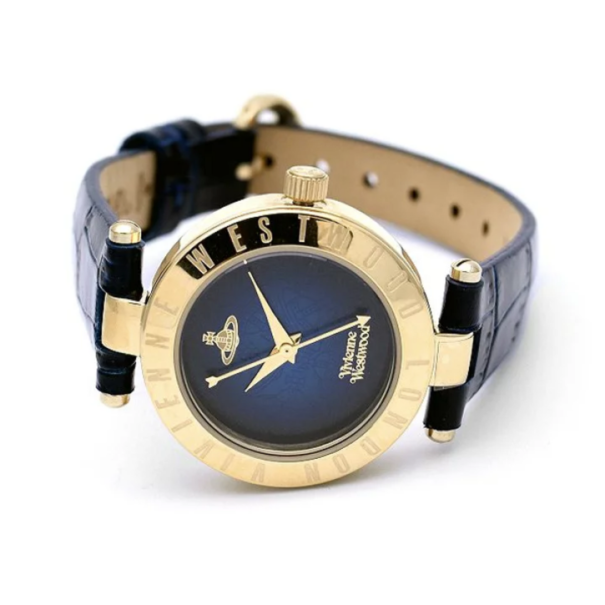 Quartz watch with dark blue leather strap and gold-tone bezel, blue dial with logo