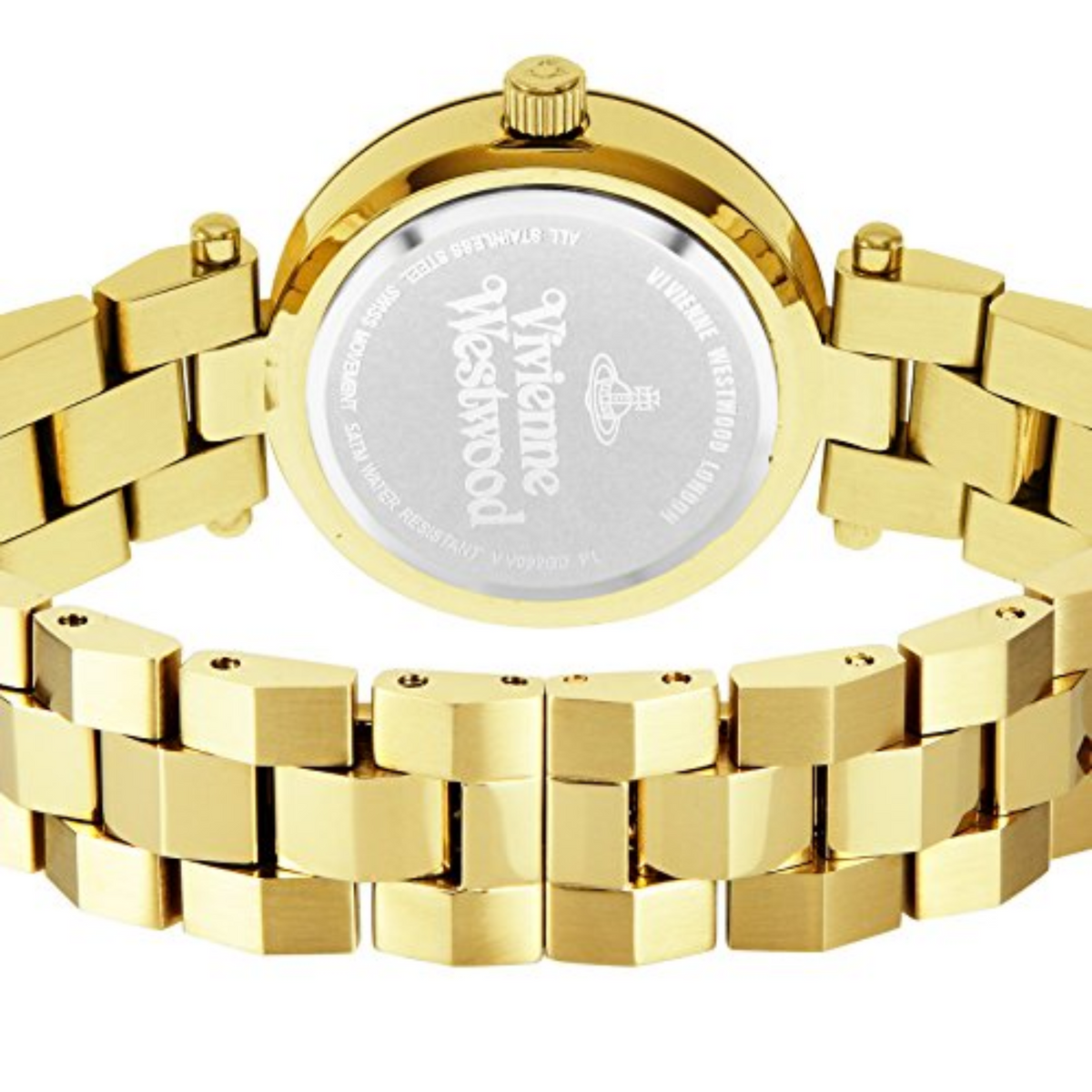 Gold-tone watch back with engraved markings and metal bracelet links