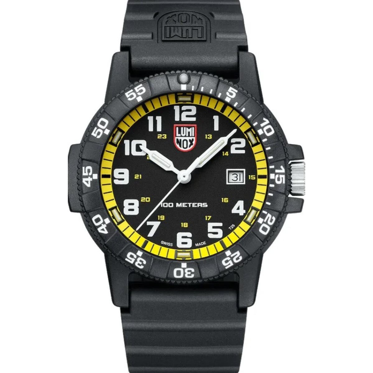 Black Luminox dive watch with yellow bezel, black dial, date window, silicone strap