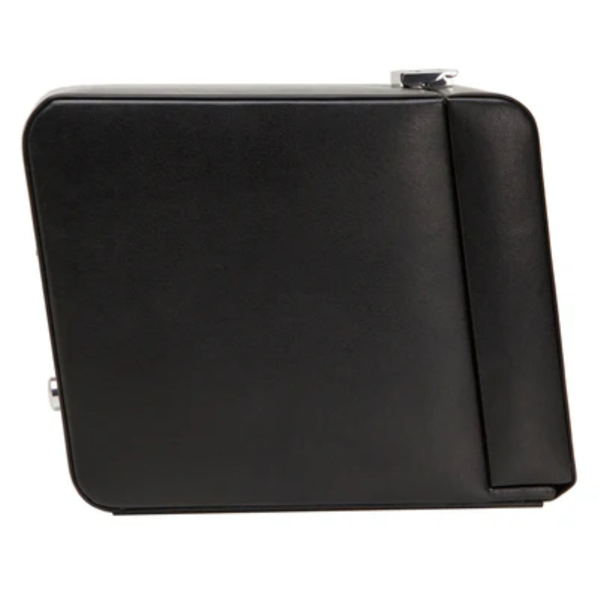 Black watch winder side view with hinged lid and metal latch hardware