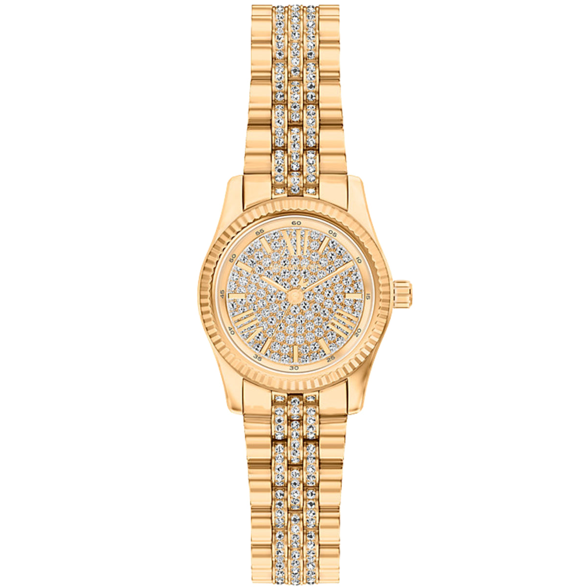 Michael Kors Lexington MK7575 ladies watch front view showing a pavé dial, fluted bezel, and crystal-set gold-tone steel bracelet