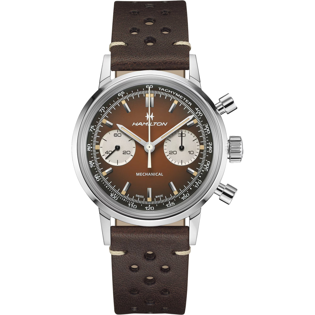 Hamilton 40mm chronograph watch, brown textured leather strap and silver case with pushers