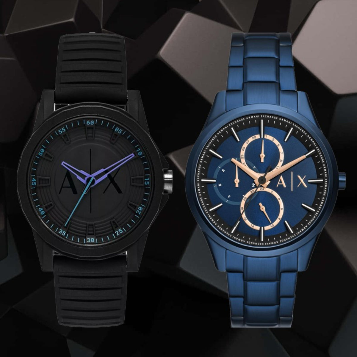 Two Armani Exchange watches featuring a black silicone strap model with purple hands and a matte blue stainless steel multi-function watch