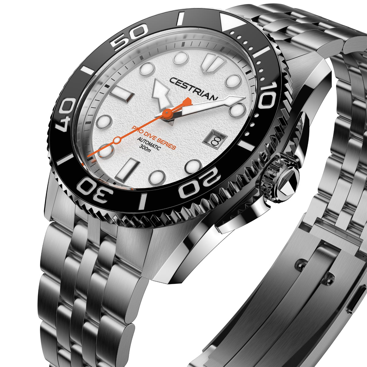 Men's automatic dive watch close side angle, silver dial with orange accents, steel band
