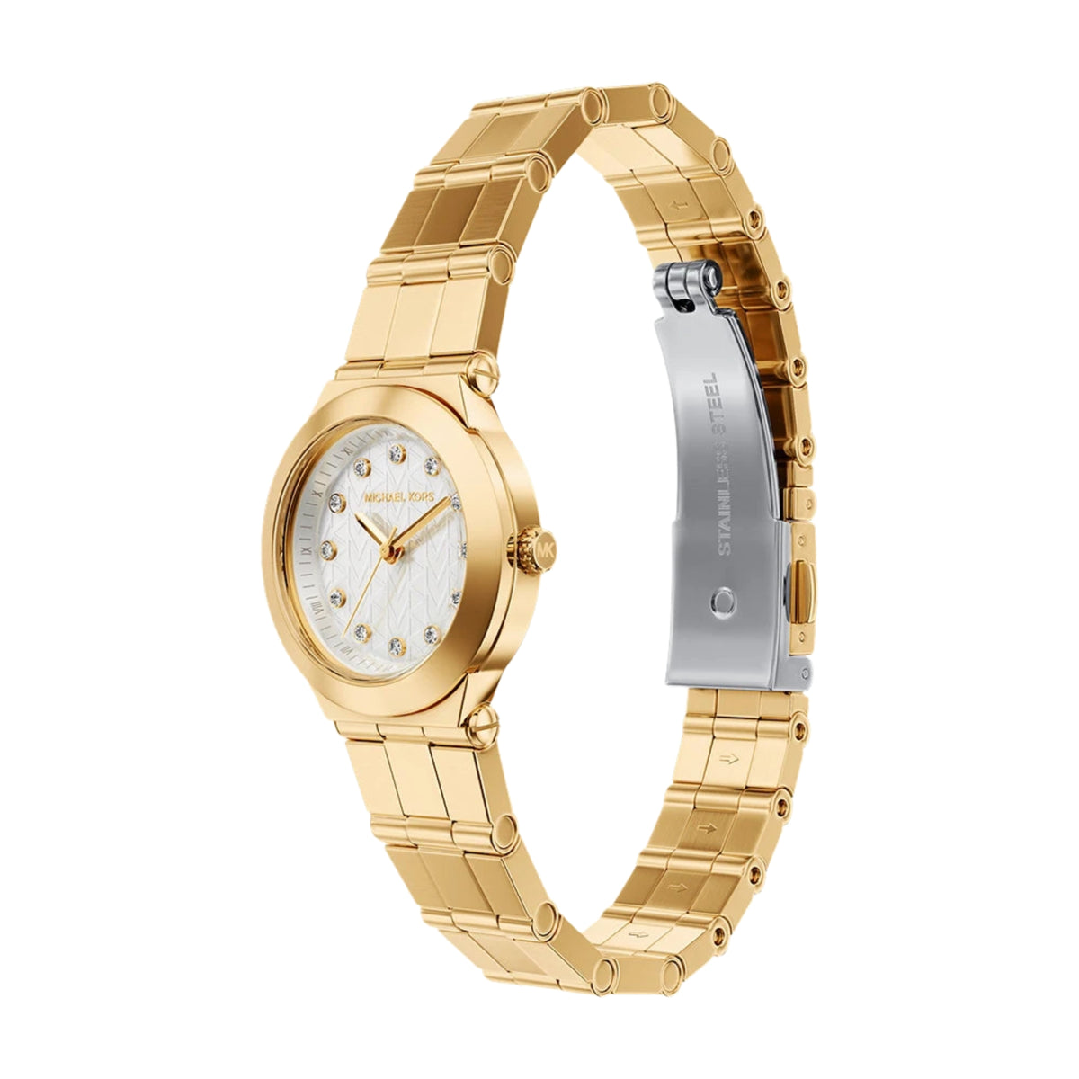 Michael Kors Billie MK7567 three-quarter angle view showcasing the white mother of pearl dial, gold tone case, and open deployment clasp