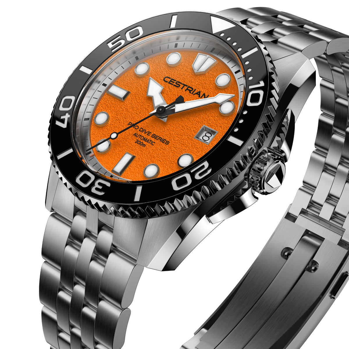 Men's dive watch with orange dial and black bezel on stainless steel bracelet.