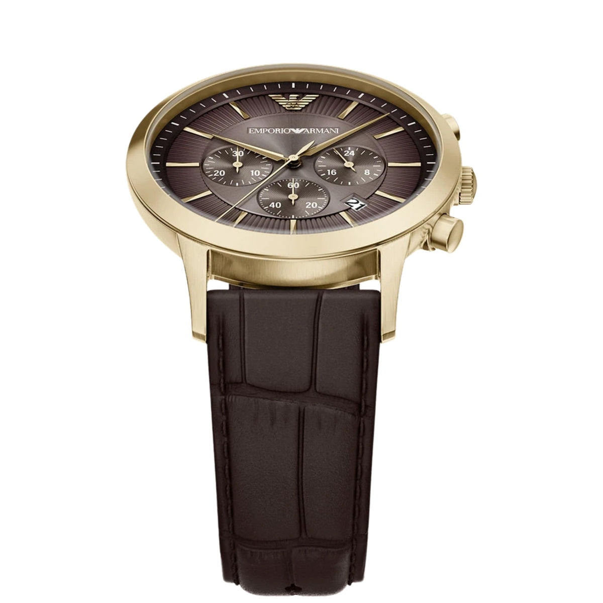Overhead view of the Emporio Armani Archetipo AR11822 watch showcasing the 43mm brown dial, gold indices, and dark brown leather strap