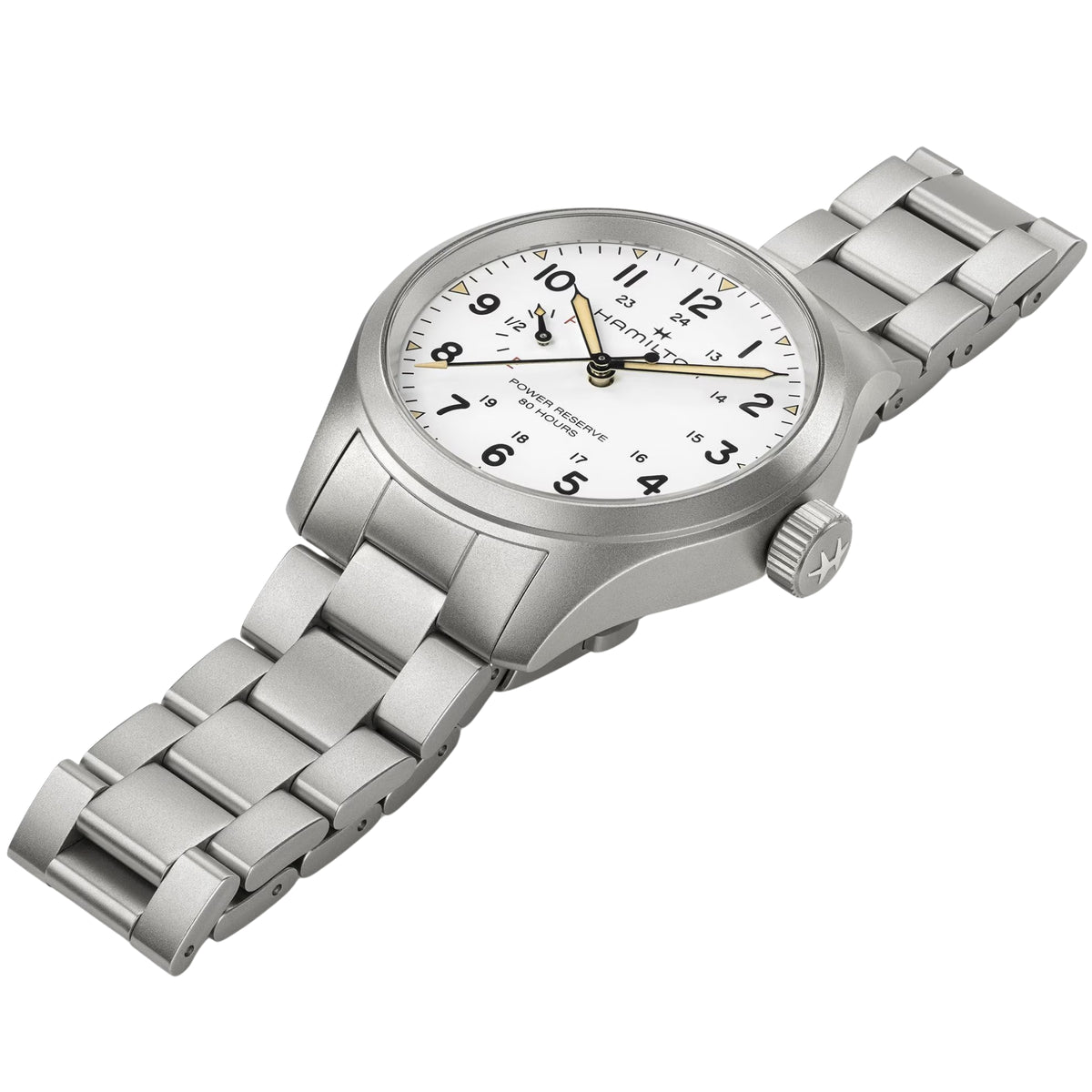Hamilton Khaki Field H69509110 watch angled profile lying flat highlighting white dial, crown, and stainless steel link bracelet