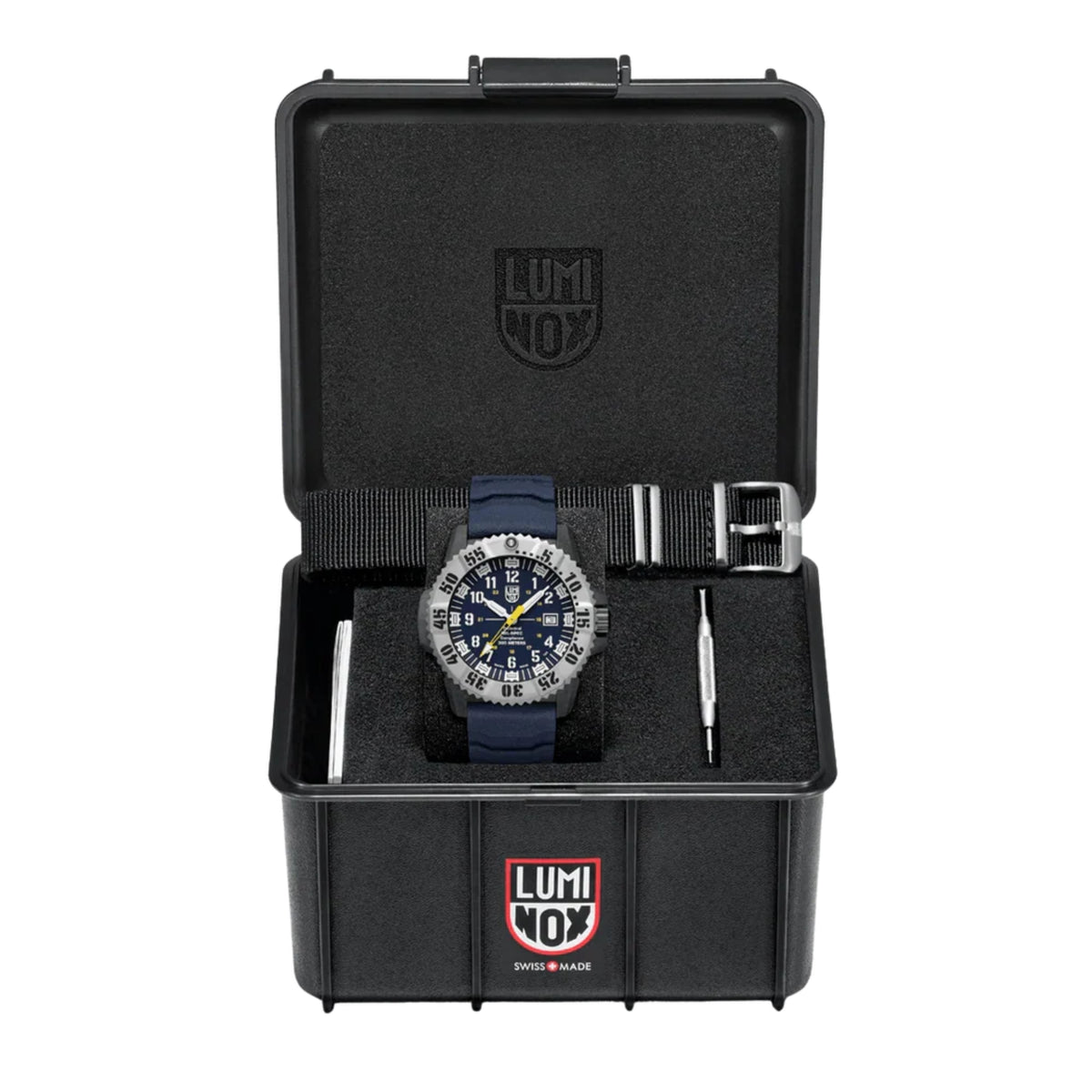 Men's Luminox quartz watch in black case, blue dial, blue rubber strap, metal bezel