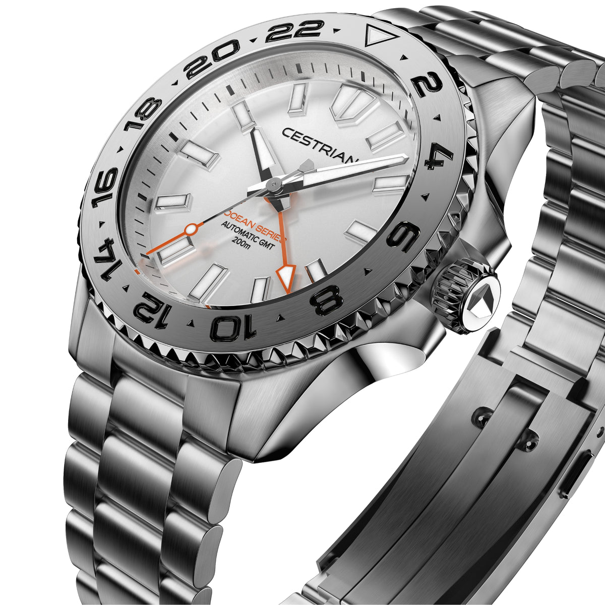 Men's automatic GMT wristwatch angled view with white dial and silver bezel markers