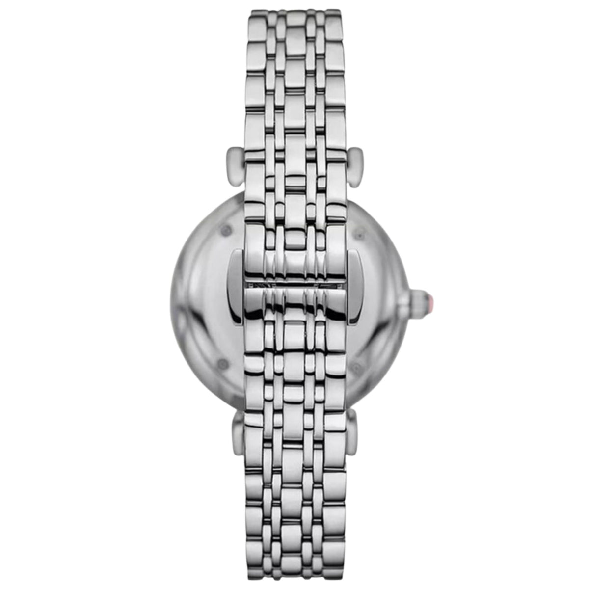 Ladies steel quartz watch with pink dial and linked bracelet, round 32mm case