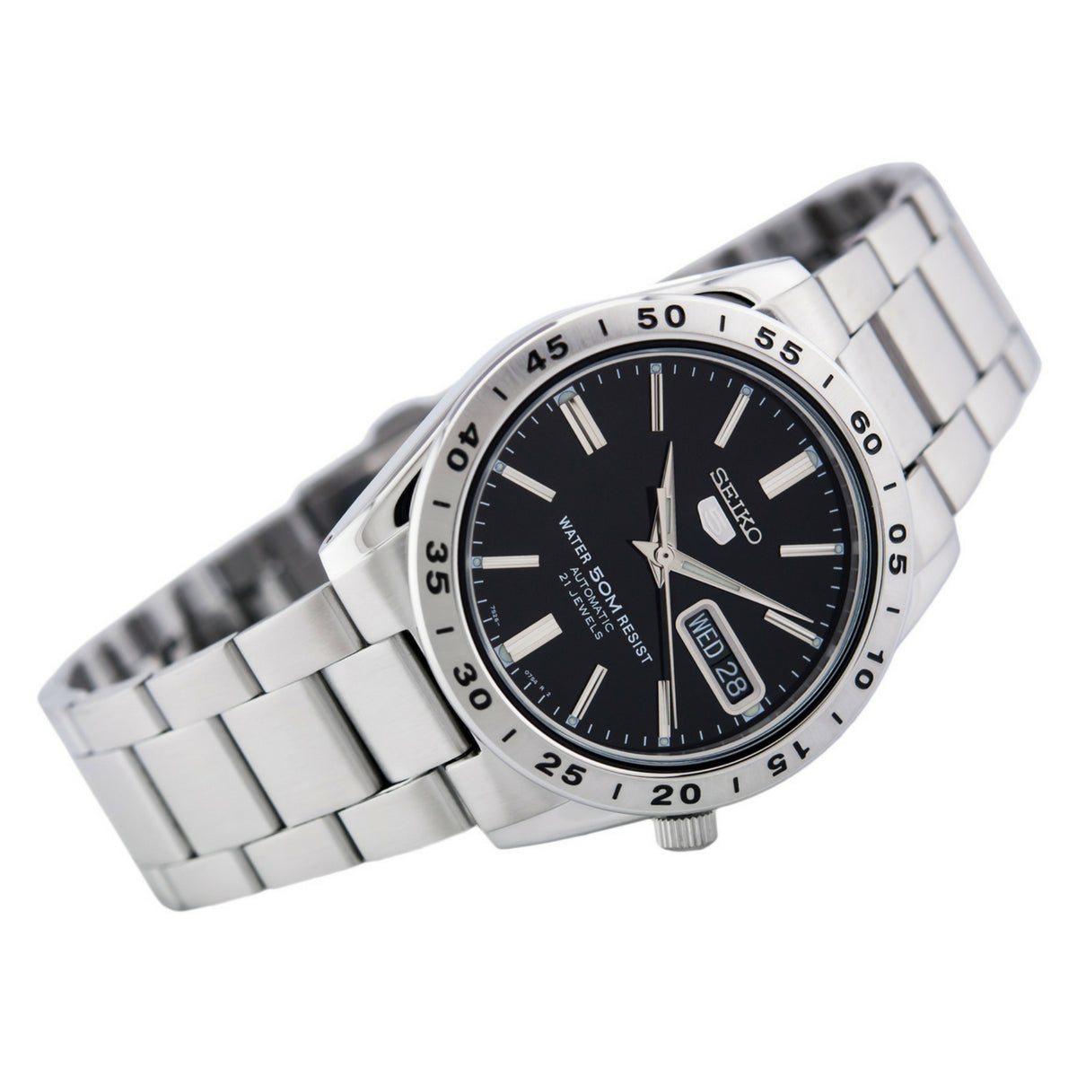 Seiko 5 men's automatic watch with black dial, date window, stainless bracelet, side view