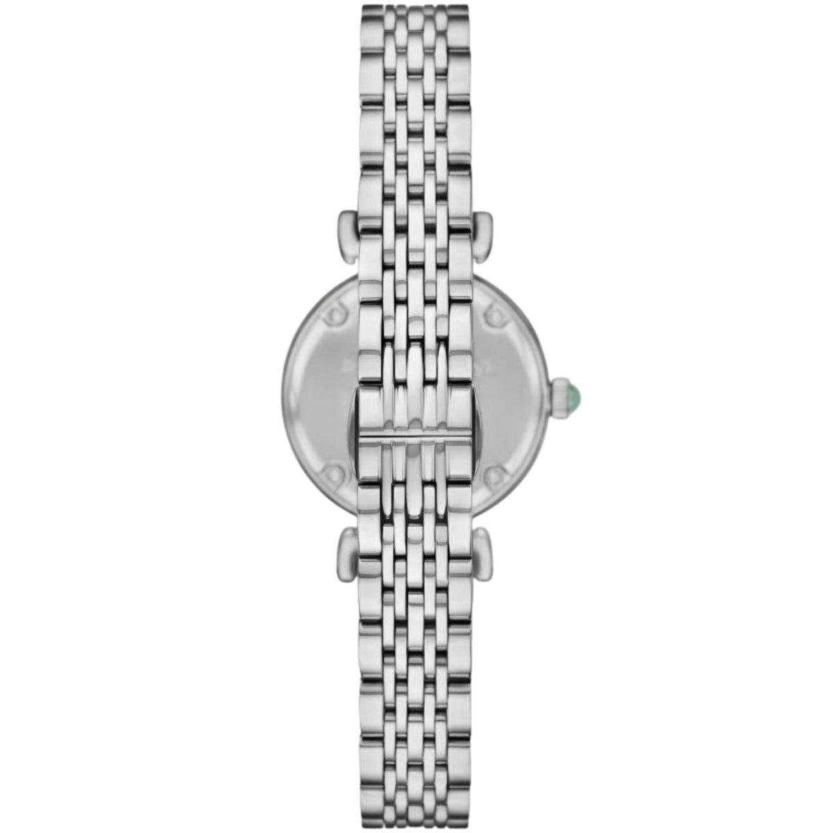 Ladies steel quartz watch, back view with round case, link bracelet, green crown