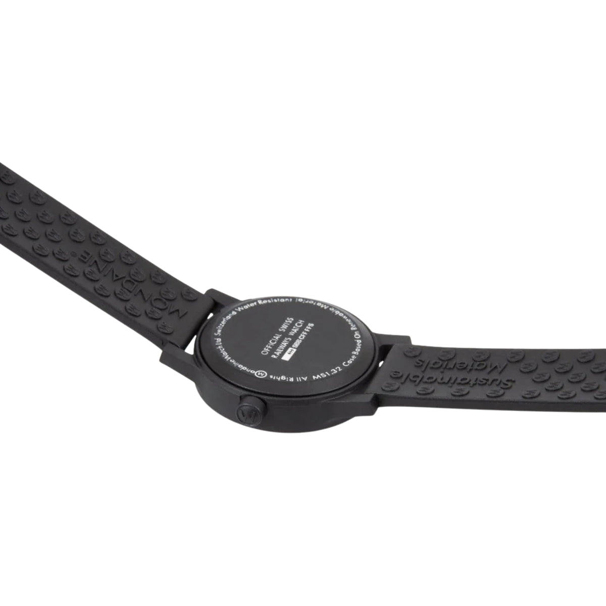Stainless steel case back of Mondaine Essence MS1.32110.RB womens watch with official SBB engravings and textured rubber strap underside