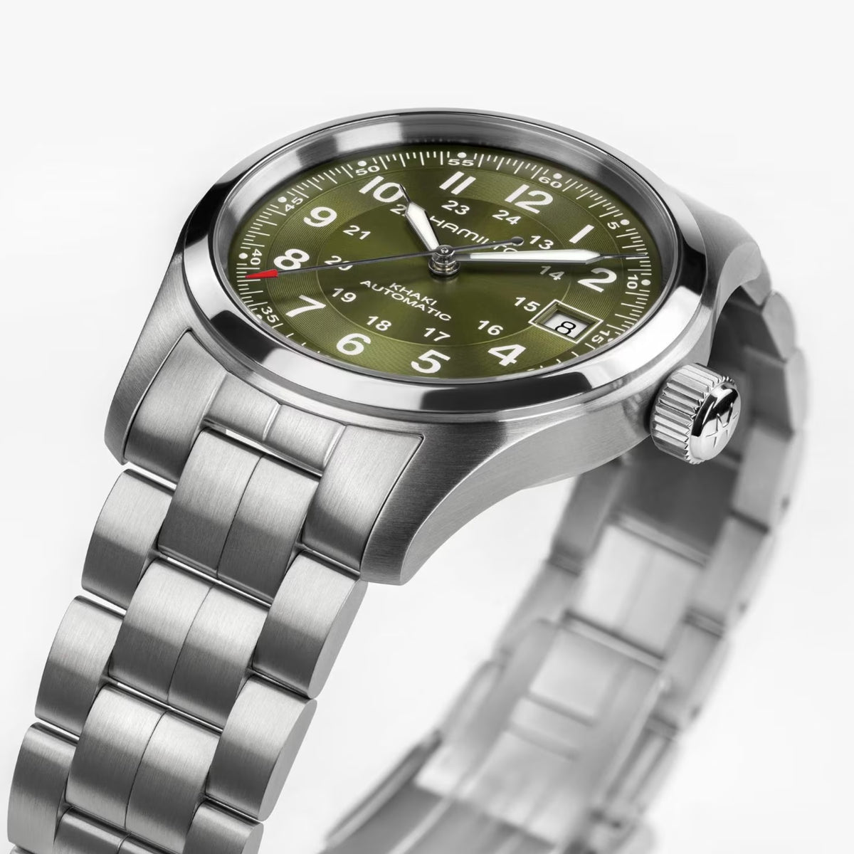 Hamilton Khaki Field H70455160 automatic wrist watch angled perspective view highlighting brushed bezel, green dial, and textured crown