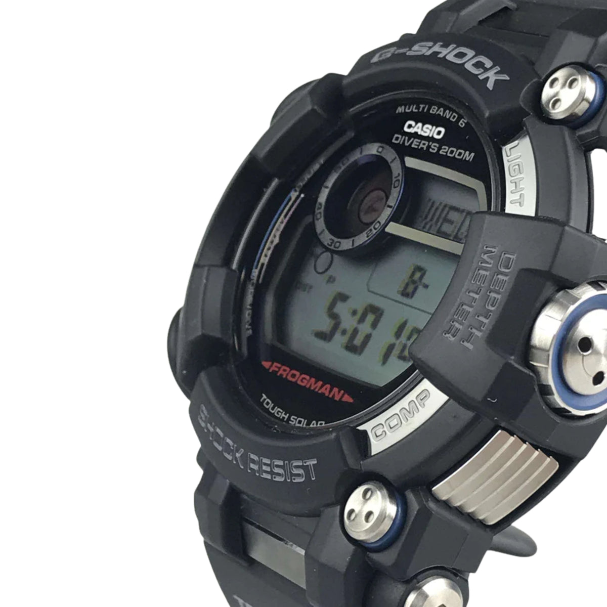 Men's G-Shock Frogman watch close-up with LCD screen and dark resin case