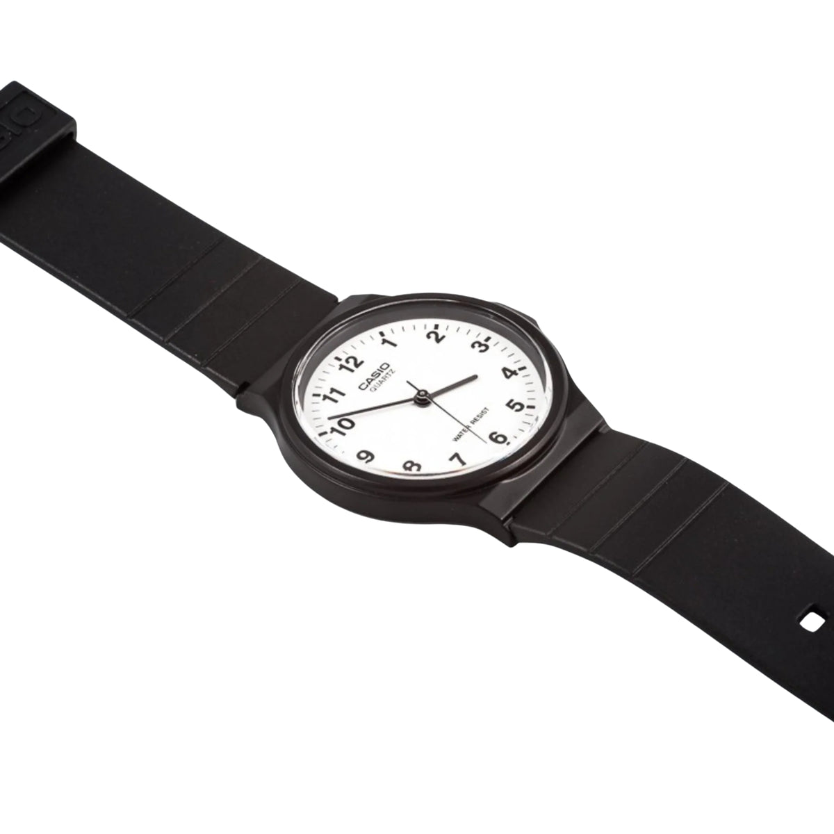 Casio quartz watch with white dial, black resin strap, round black case, analog hands