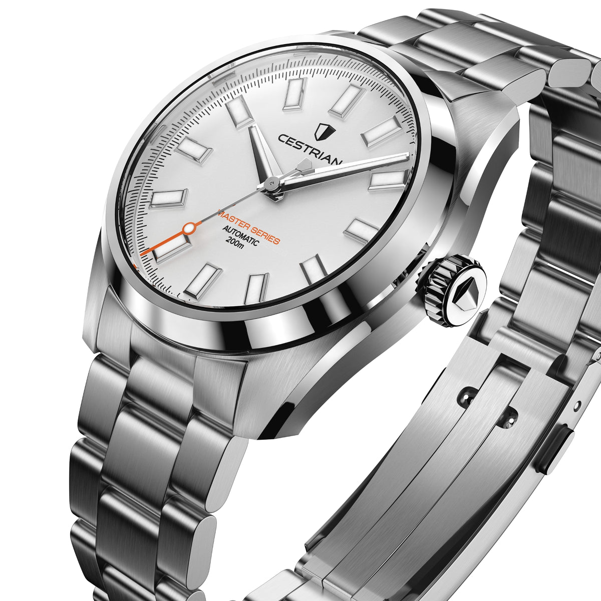 Men's automatic steel watch close-up with white dial, orange seconds hand
