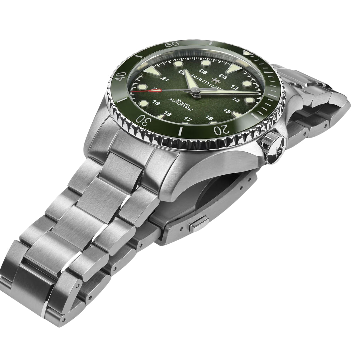 Hamilton Khaki Navy Scuba H82525160 automatic watch side profile showing steel bracelet clasp, crown guard, and green bezel edge