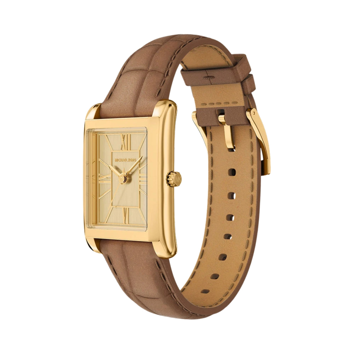 Michael Kors Essex MK7584 three-quarter view showcasing the gold dial Roman numerals and textured brown leather strap