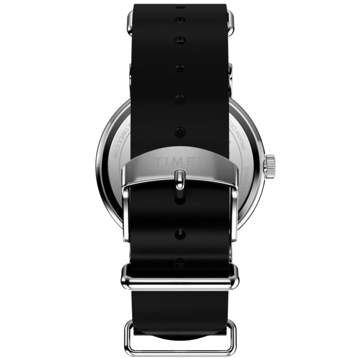 Timex quartz watch rear view with black leather strap and metal buckle