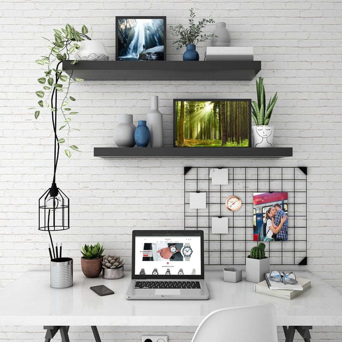 Mondaine Magnet Clock A660.30318.82SBK lifestyle desk setup attached to wall wire grid above laptop