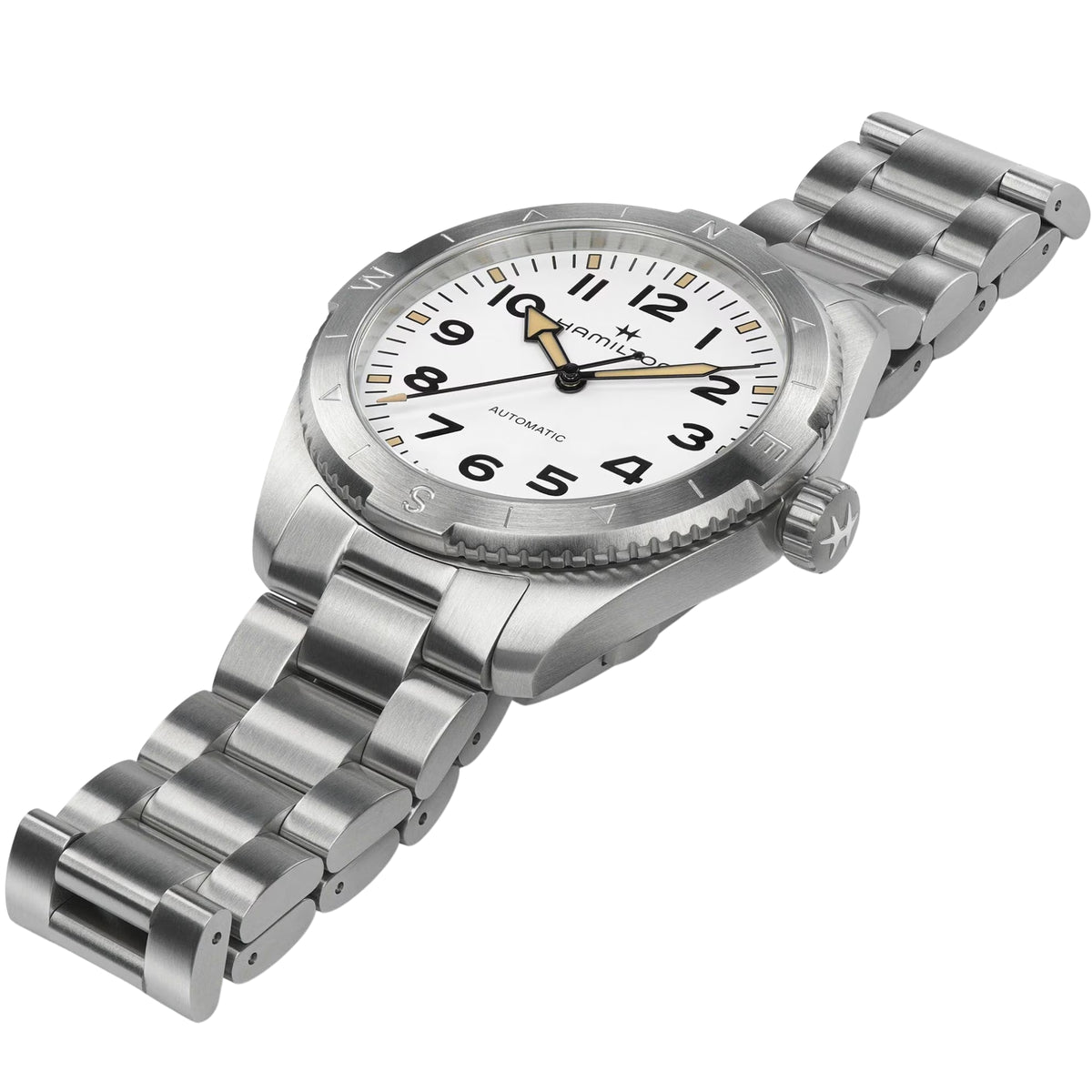 Hamilton Khaki Field Expedition H70315110 side perspective showcasing steel casing, crown, and bracelet links