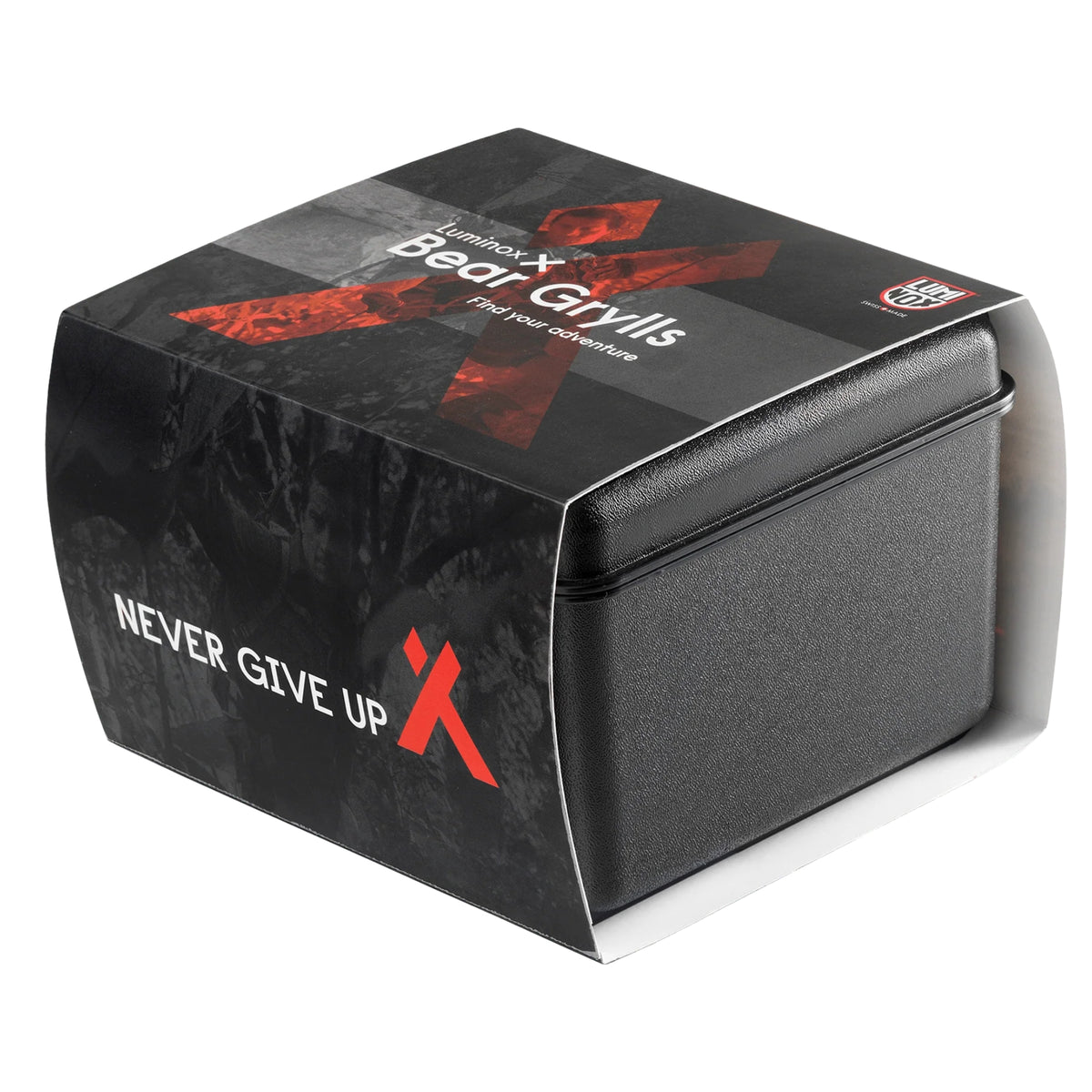 Branded outer box packaging for the Luminox Bear Grylls XB.3749 featuring 'Never Give Up' graphics