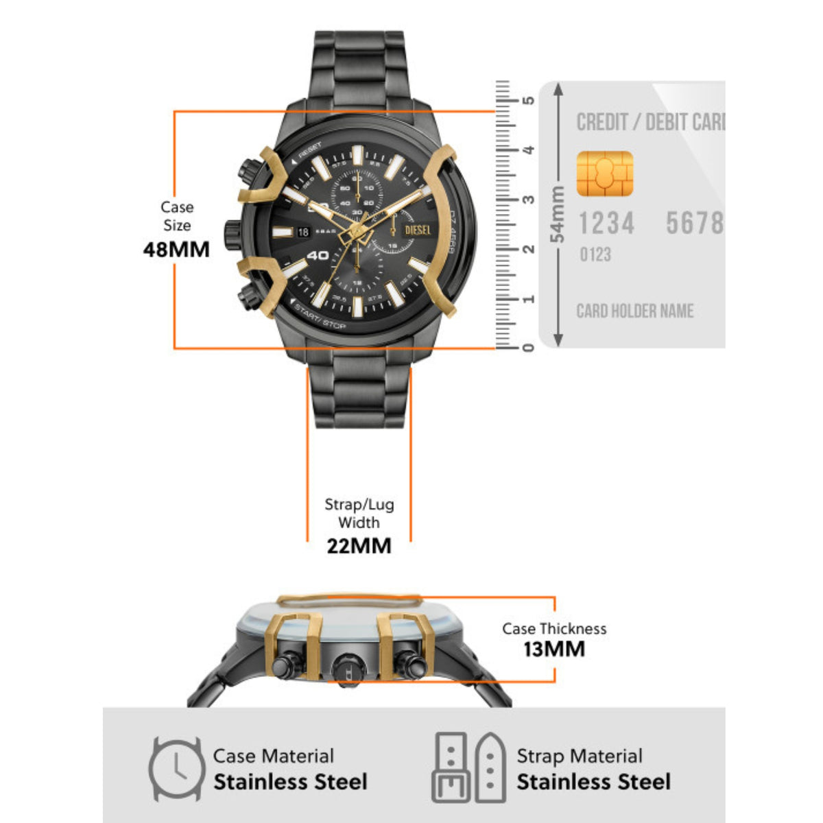 Diesel chronograph watch top view, black dial with gold-tone hands and markers