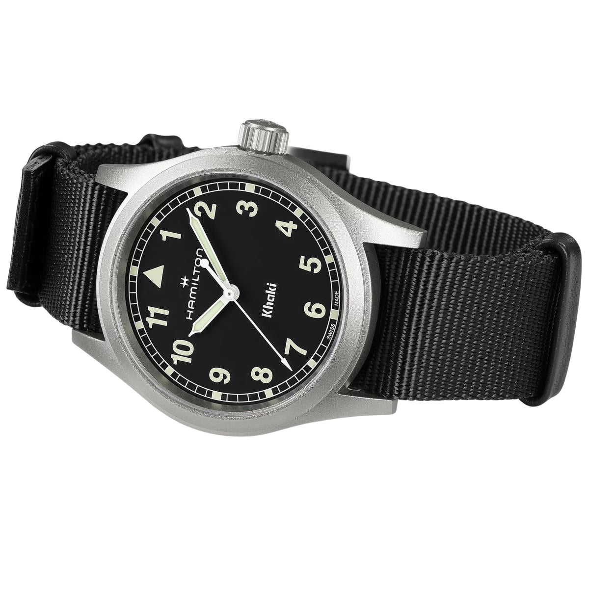 Hamilton Khaki Field H69401430 mens watch angled view displaying black dial and durable black NATO textile strap