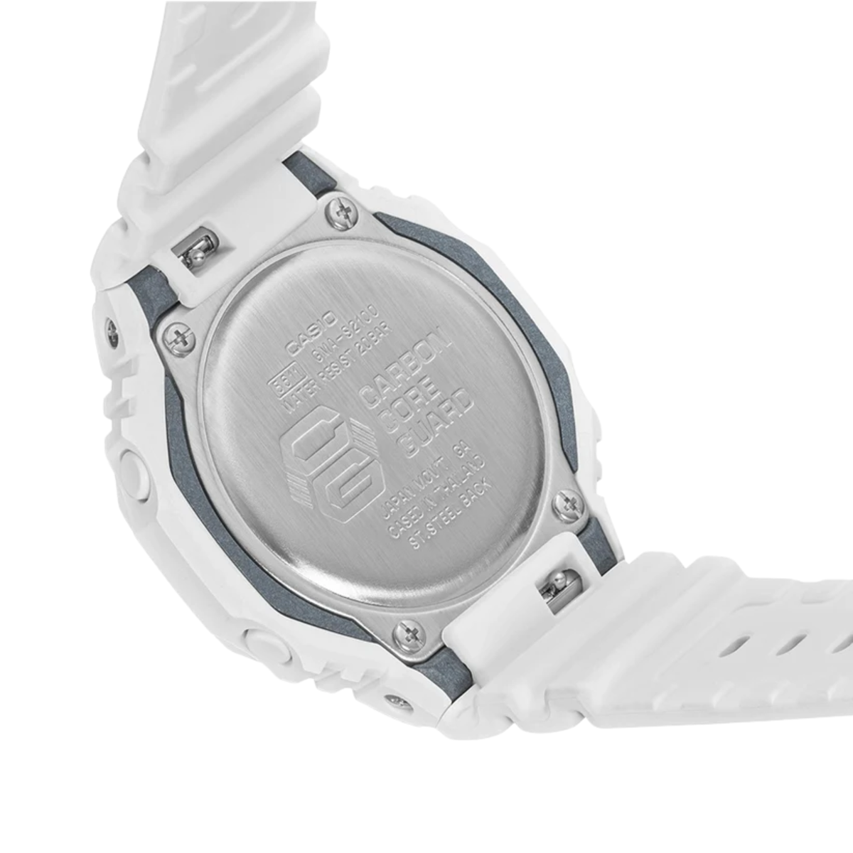 Casio G-Shock GMA-S2100-7AER back case detail showing stainless steel case back with brand engravings