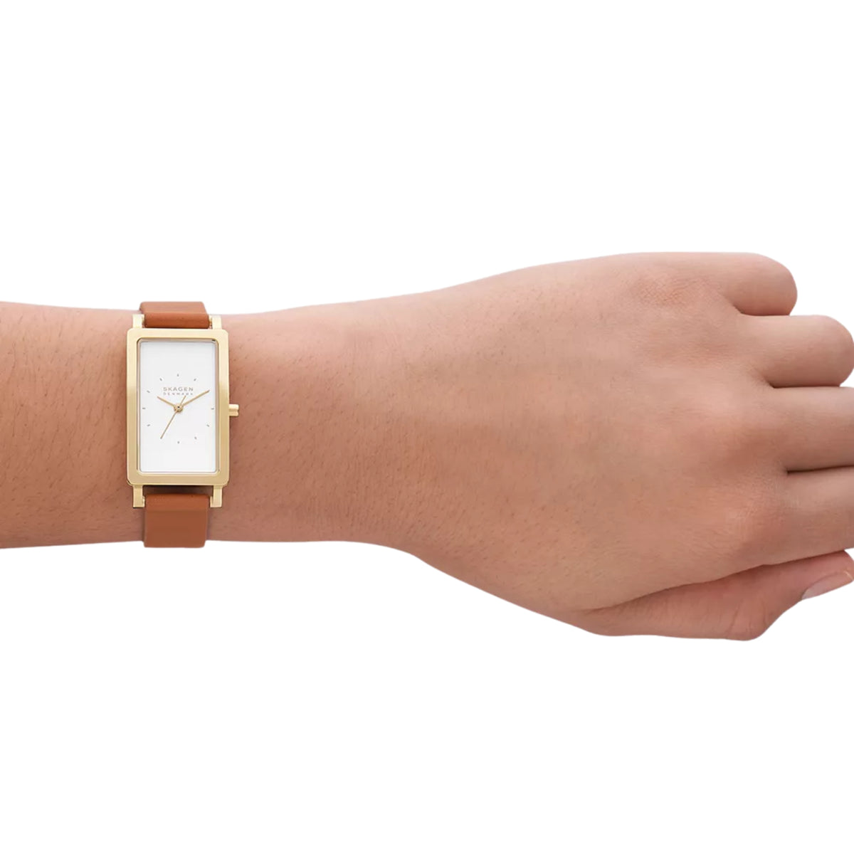 Ladies rectangular quartz watch with white dial and brown leather strap