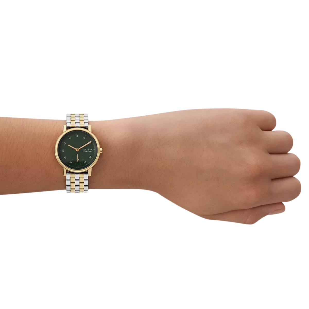 Two-tone steel ladies quartz watch, green dial with baton hands and markers.