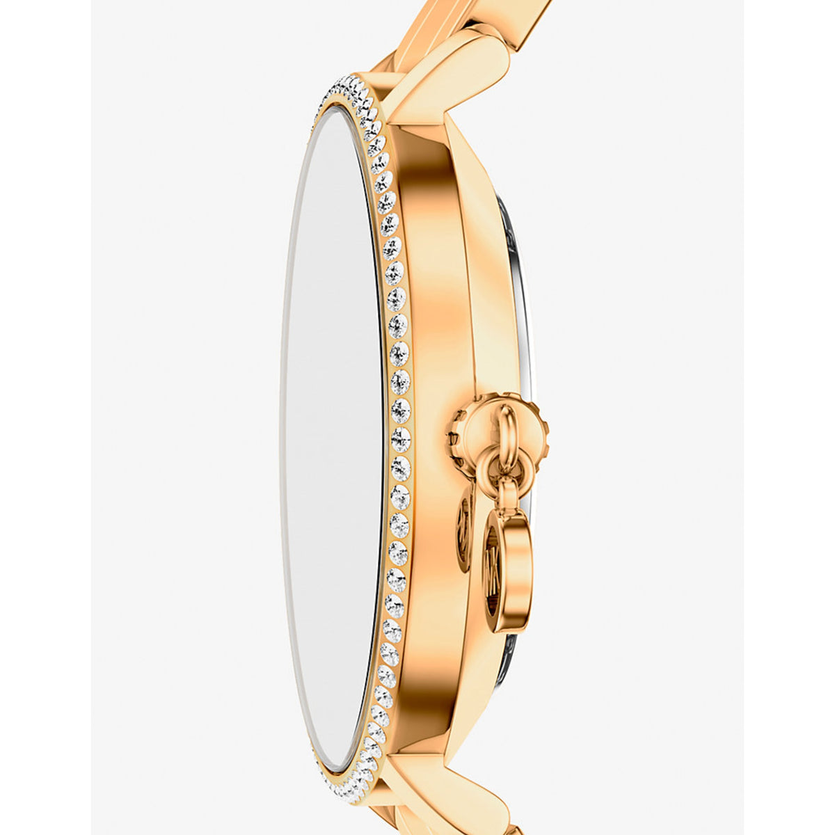 Michael Kors Pyper MK7572 side profile view highlighting the gold tone case crystal set topring and charm attached to the crown