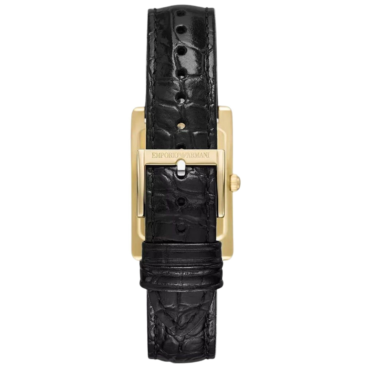 Ladies quartz watch with black leather strap and gold-tone case, clasp side view