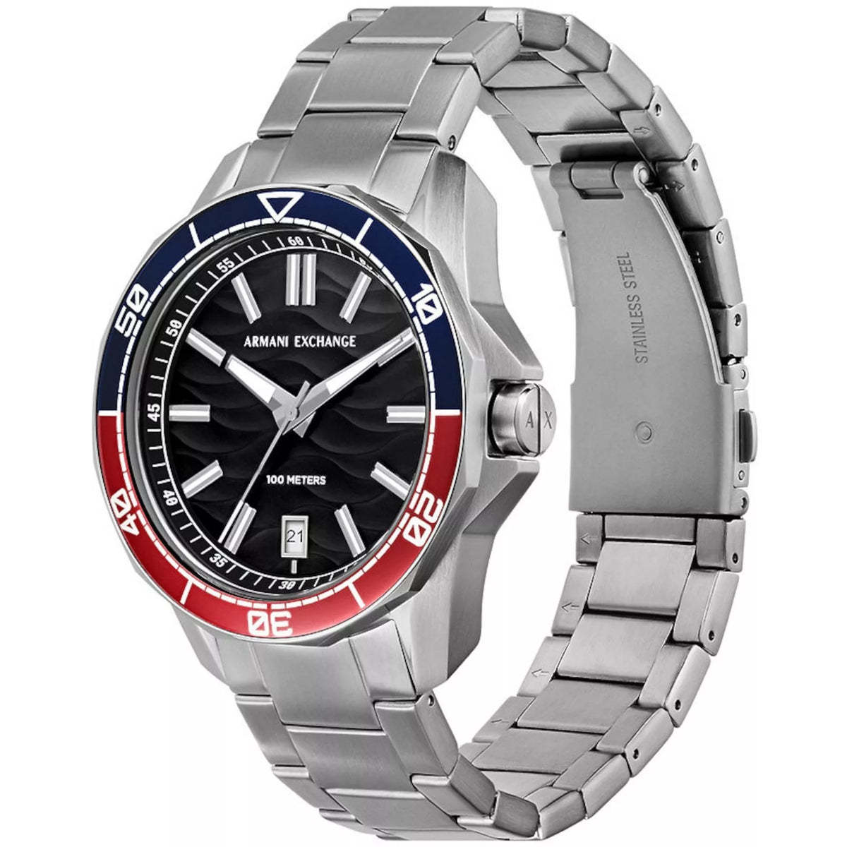Stainless steel men’s quartz watch with black dial and blue/red bezel, side view