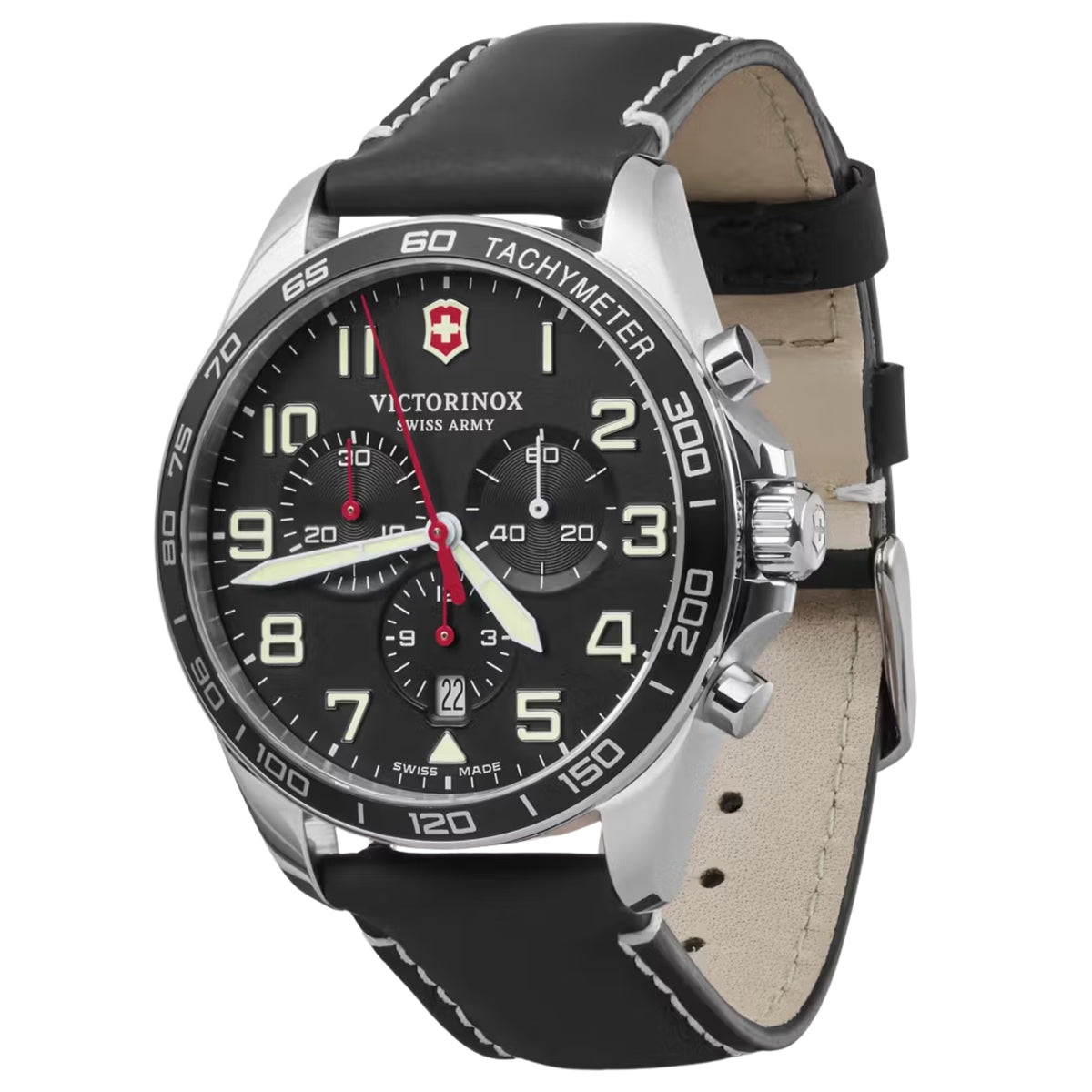 Men's chronograph watch with black dial and black leather strap, beige inner lining