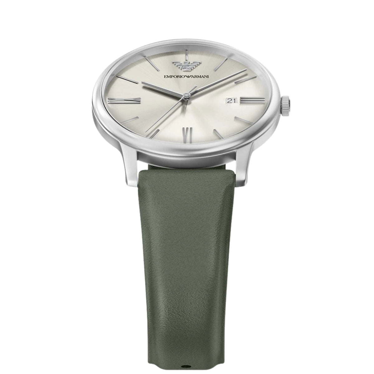 Angled front view of the Emporio Armani Minimalist AR11811 watch displaying the sunray ivory dial, Roman numeral indices, polished bezel, and smooth green leather strap
