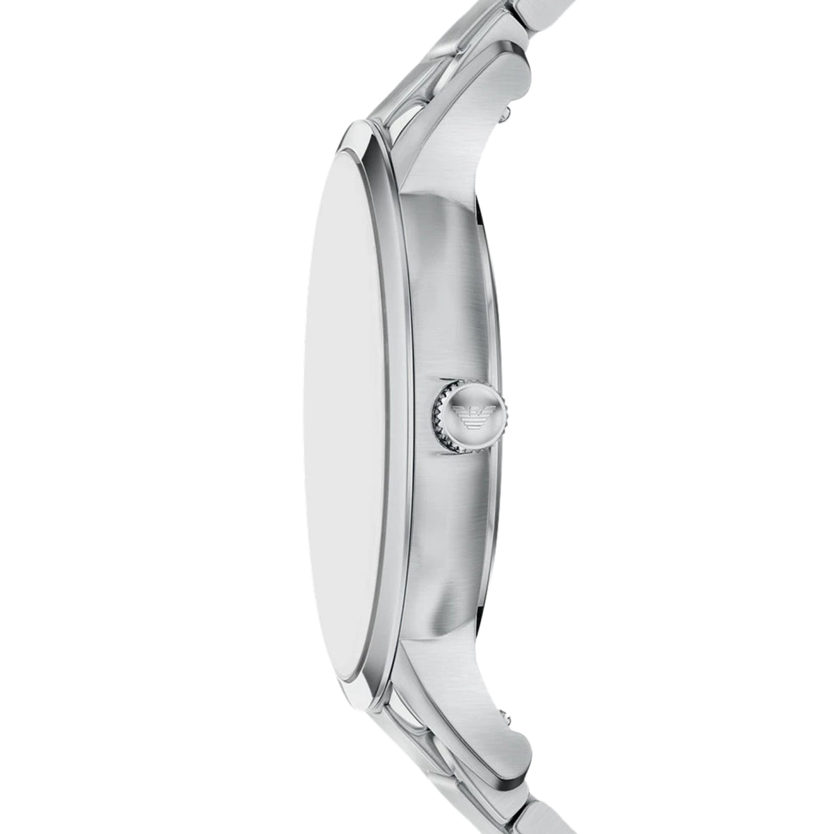 Side profile of the Emporio Armani Archetipo AR11825 wrist watch showcasing the slim case and signature logo crown