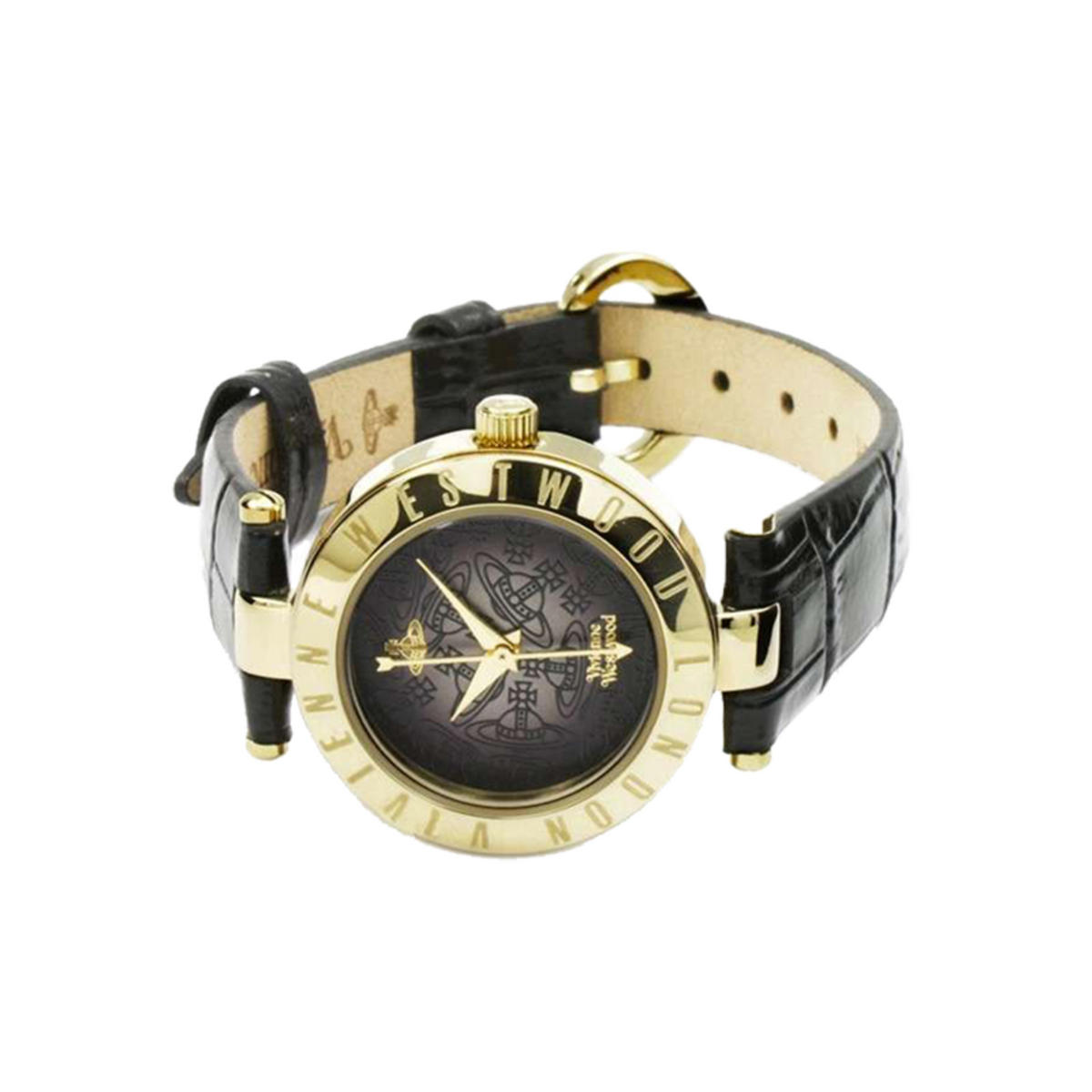 Gold-tone women's quartz watch with black leather strap and black dial, logo and Roman numerals