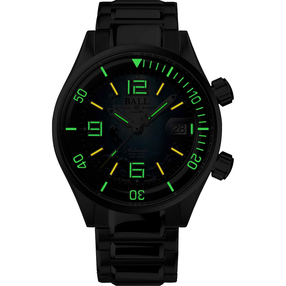 BALL Master II Diver automatic chronometer watch featuring bright green and yellow tritium lume markers in low light.