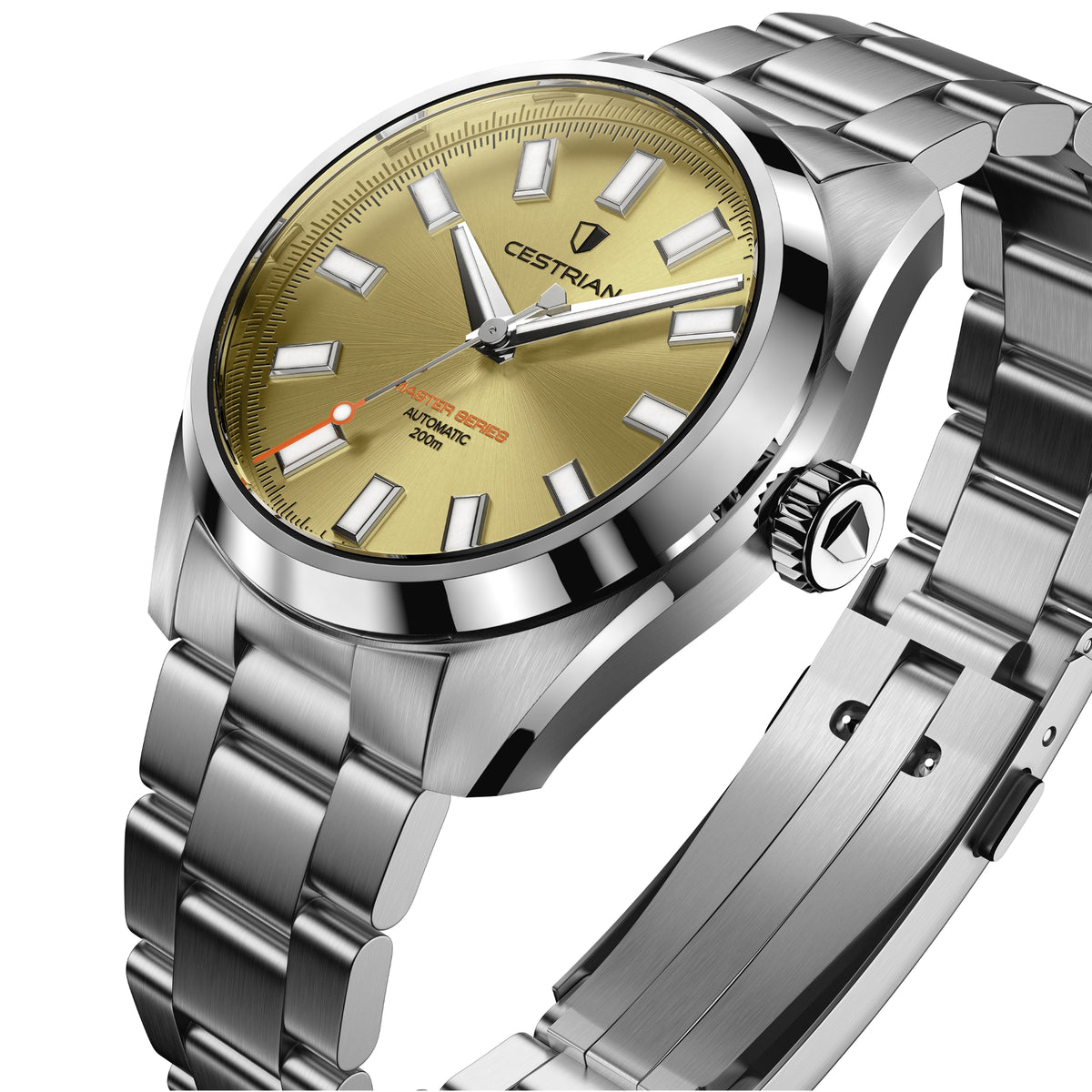 Men's automatic watch, champagne dial, steel link bracelet, baton hour markers