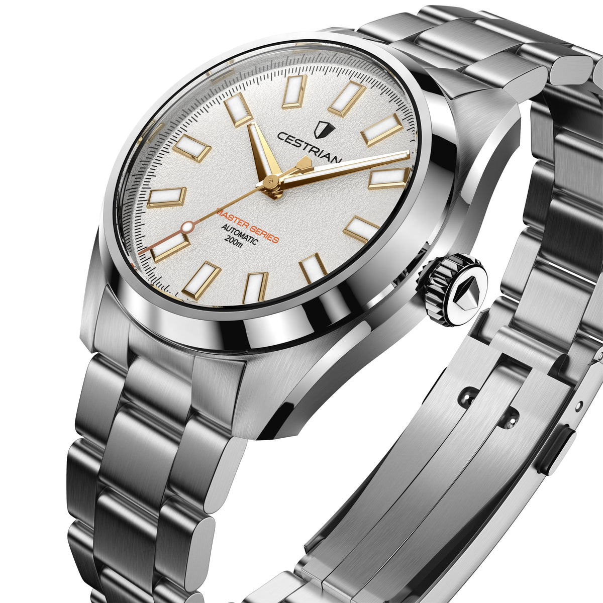 Cestrian Master Series automatic men's watch with white textured dial and steel bracelet